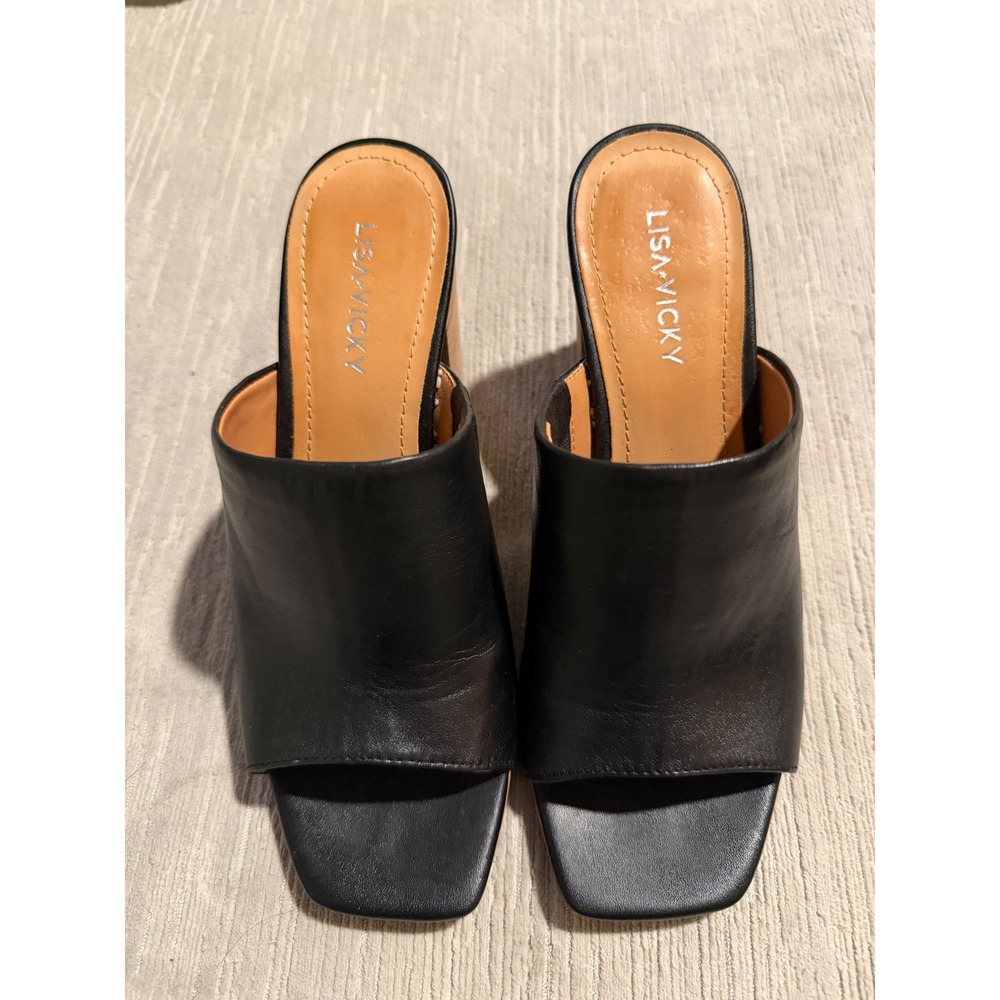 Lisa Vicky Black Leather Square Open Toe Block Heel Mules Sandals Womens 6M